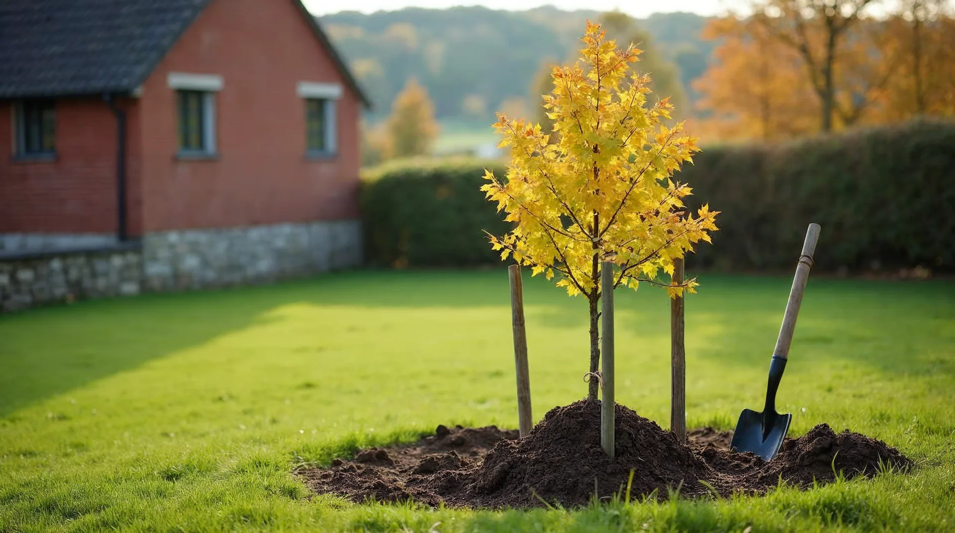 Frisch gepflanzter junger Laubbaum mit gelbem Herbstlaub, gesichert mit drei Holzpfählen und Kokosstrick, davor Pflanzscheibe mit Gießrand und ein Spaten im Aushub aus Sand und Lehm, im Hintergrund Feldsteinmauer und Backsteinscheune