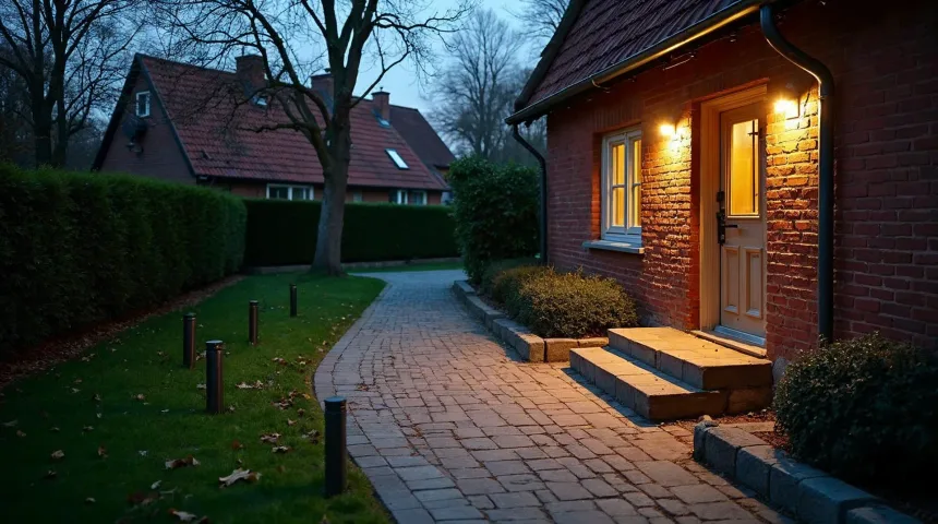 Vorgarten eines Backsteinhauses in der Abenddämmerung: Ein Natursteinweg führt zur Haustür, niedrige Pollerleuchten werfen warmweiße Lichtkegel auf die Platten