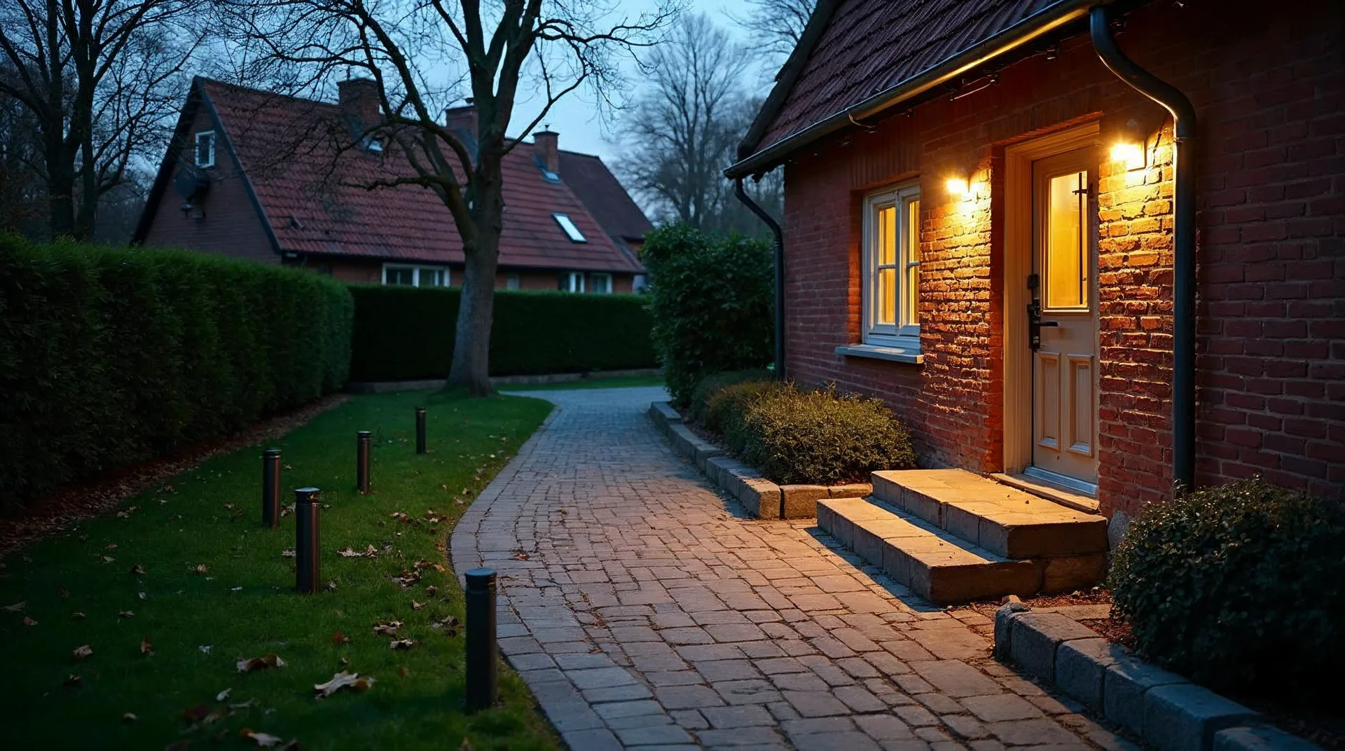 Vorgarten eines Backsteinhauses in der Abenddämmerung: Ein Natursteinweg führt zur Haustür, niedrige Pollerleuchten werfen warmweiße Lichtkegel auf die Platten, daneben Hainbuchenhecke und Feldsteinkante