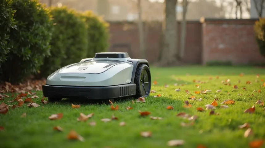 Mähroboter auf seiner Ladestation am Rand eines feuchten Herbstrasens mit Laub