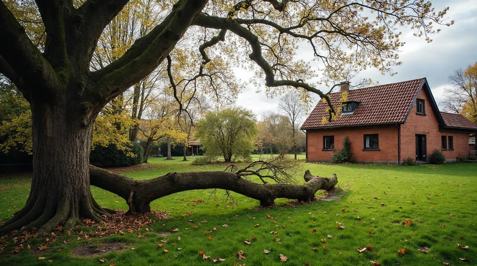 Alte Eiche nach einem Herbststurm: ein dicker abgebrochener Ast liegt auf dem Rasen eines Hofgartens, oben am Stamm ist die frische Bruchstelle zu sehen, dahinter ein Backsteinhaus und eine Feldsteinmauer