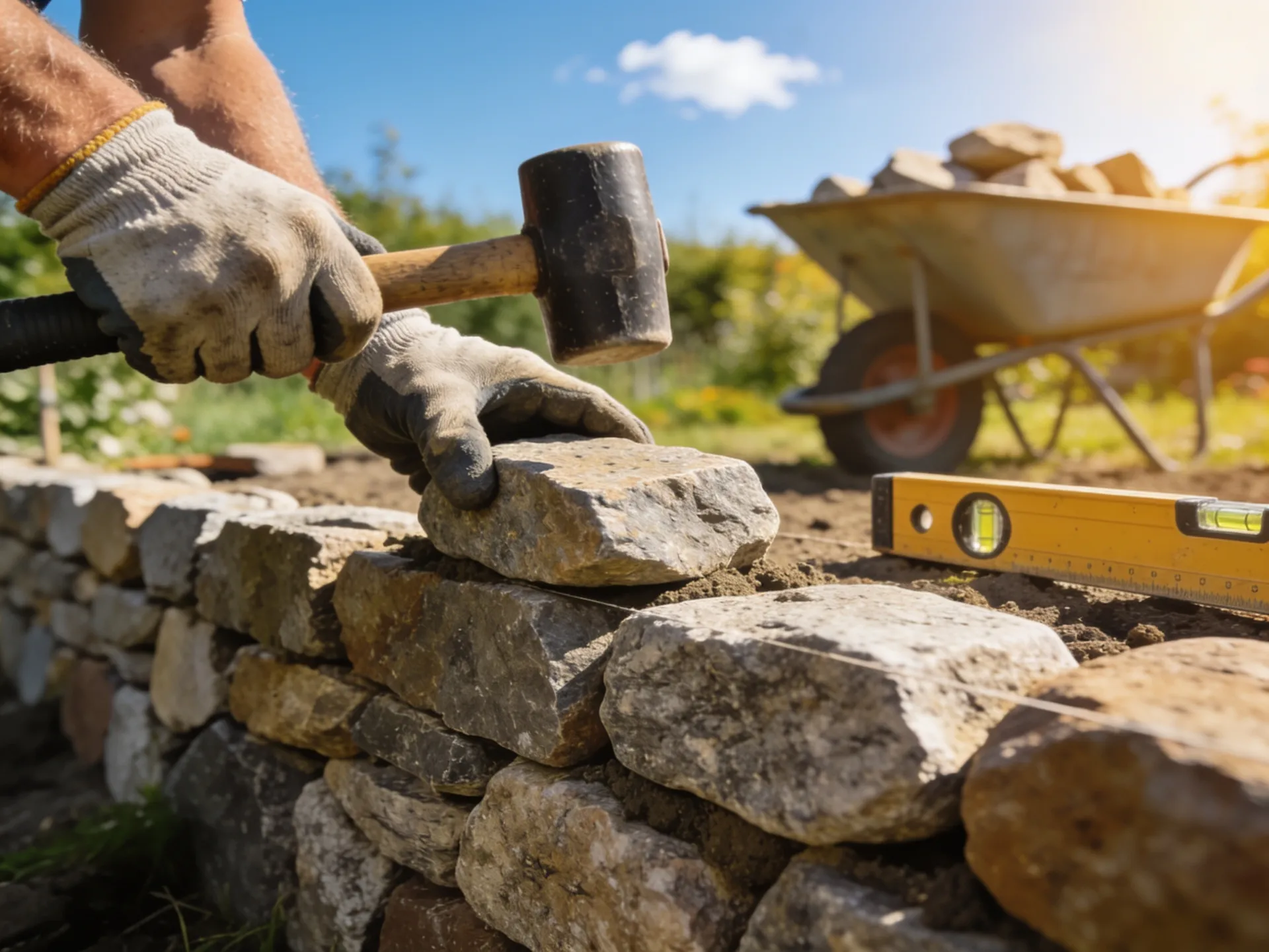 Hände in Arbeitshandschuhen setzen einen Feldstein auf eine Natursteinmauer