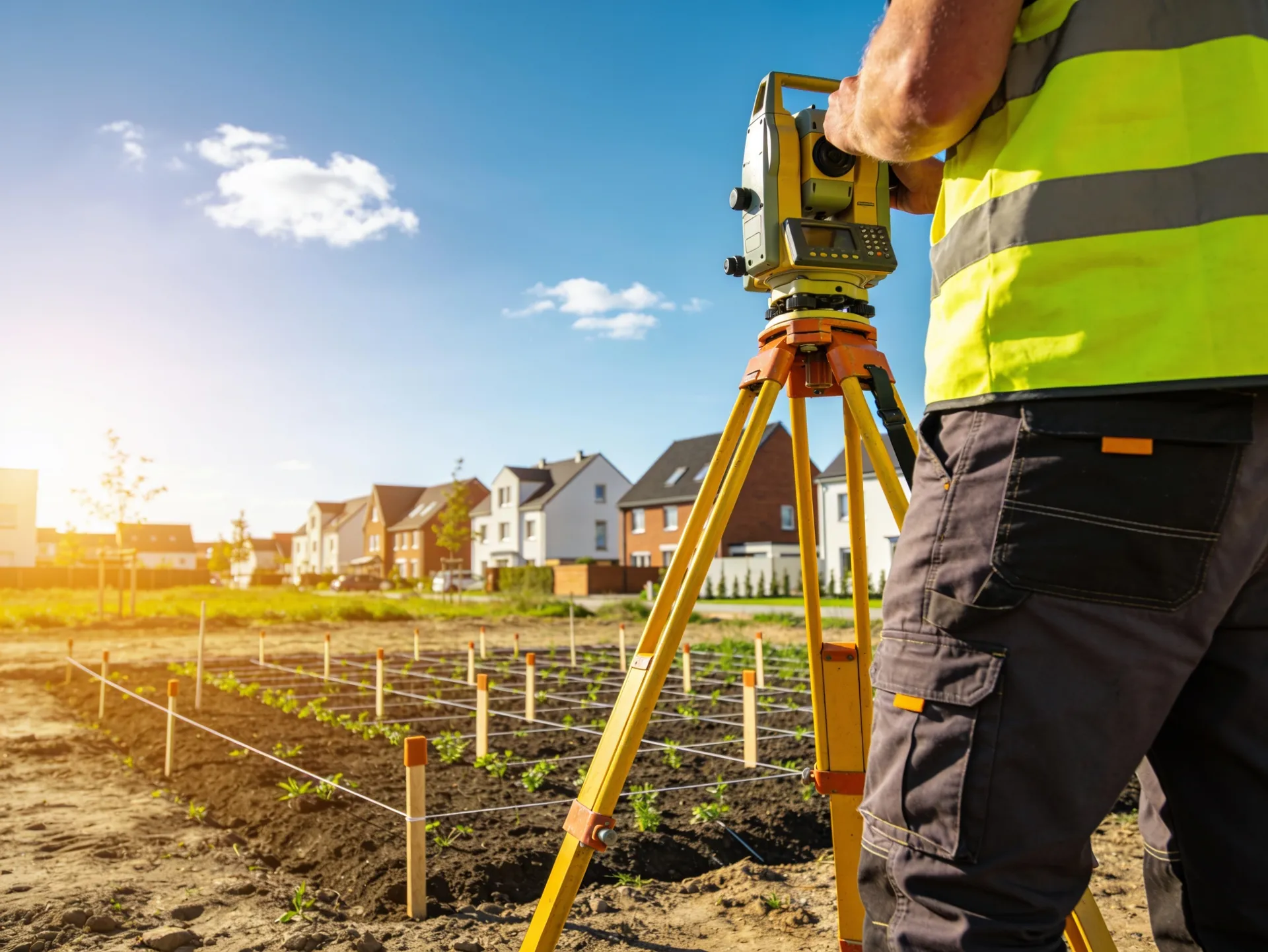 Totalstation auf einem Stativ bei der Vermessung einer Außenanlage