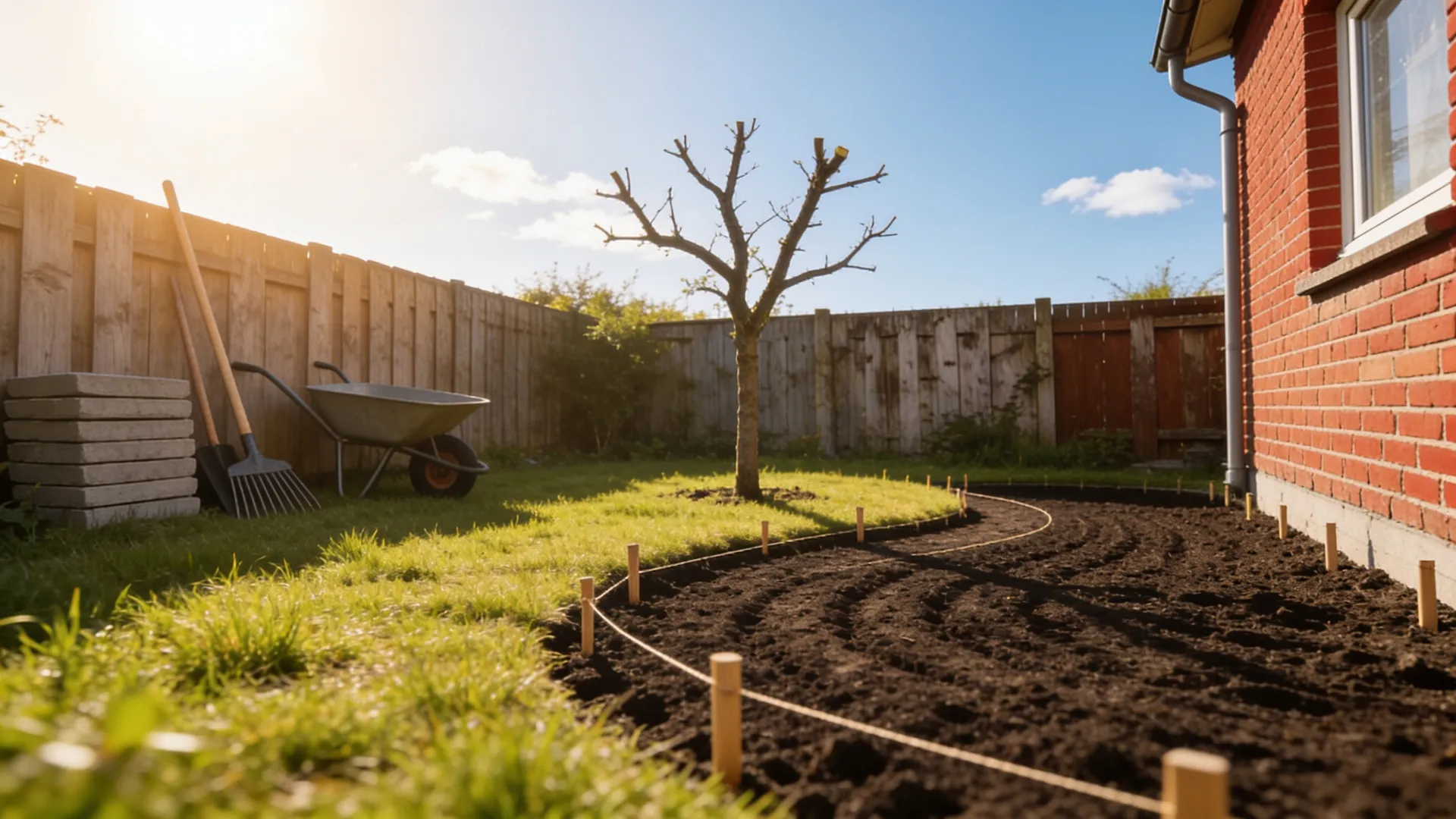 Derselbe Garten freigeräumt: gemähte Fläche, abgesteckter neuer Weg, Werkzeug bereit