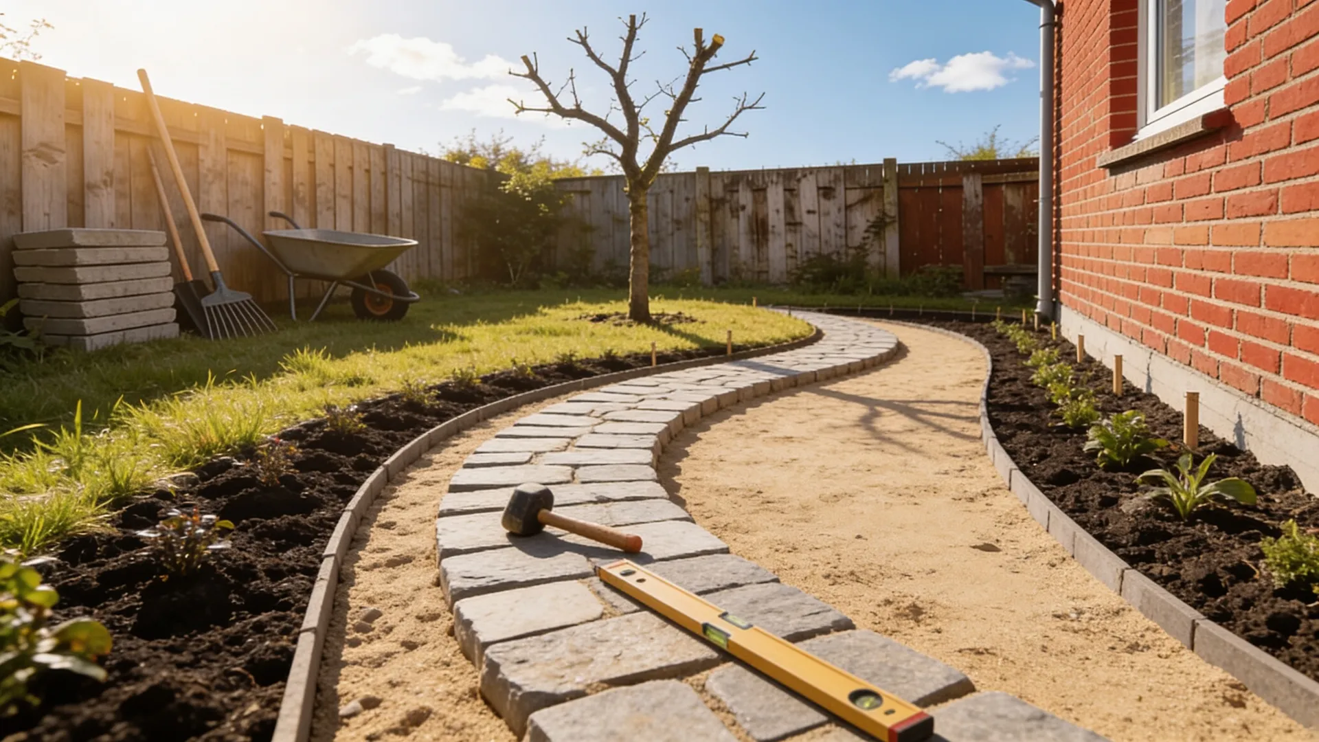 Wegebau im selben Garten: Natursteinweg halb verlegt, frische Pflanzbeete